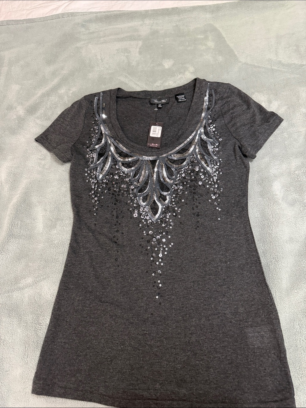 Miss Me Charcoal Short Sleeve Tee with Silver Sequin Necklace Motif